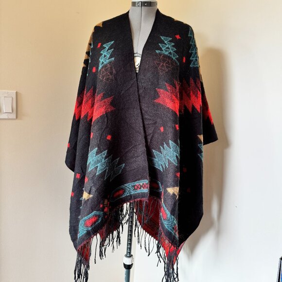 Garage Jackets & Blazers - Garage Southwestern Aztec Poncho Wrap Fringe Boho Festival Cape